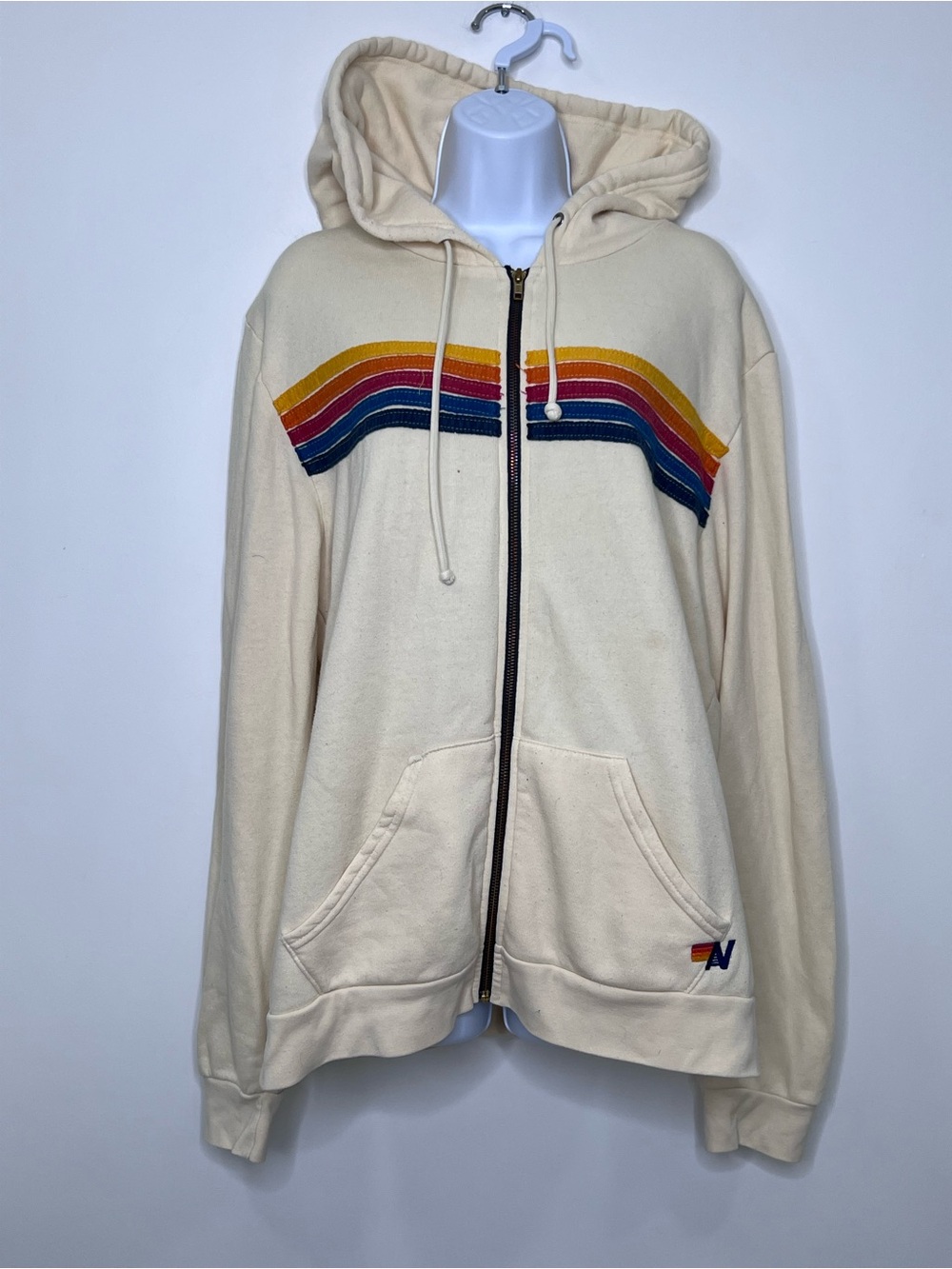 Aviator Nation Cream Zip-Up Hoodie with Rainbow Chest Stripes